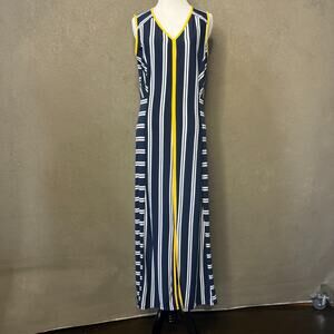 Elie McCarthy Maxi Dress Size M Navy Stripe Yellow V-Neck Sleeveless Stretch